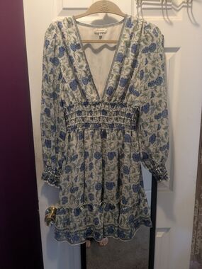 Max Studio Blue Floral Smocked V-Neck Long Sleeve Dress